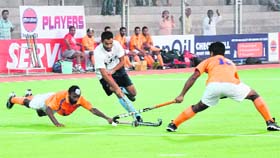 A match in progress in the Surjit Hockey tournament in Jalandhar on Sunday