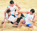 Pakistan and Indian teams during the Kabaddi finals of the South Asian Beach Games in Hambantota on Wednesday. Pakistan won the match