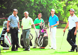 (From left) Shiv Kapur, SSP Chowrasia, Rikard Karlberg (4th from left) and Edoardo Molinari (extreme right) at the Delhi Golf Club. The 48th Hero Indian Open starts at the DGC on Thursday