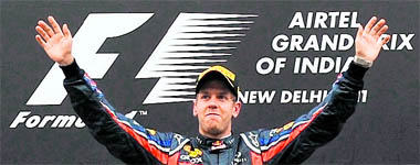 Red Bull-Renault driver Sebastian Vettel celebrates after winning the Formula One Indian Grand Prix in Greater Noida on Sunday.