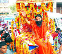 Yoga guru Baba Ramdev during a procession in Bathinda on Wednesday
