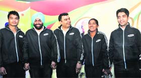 Vikas Krishan (left), Ronjan Sodhi, Gagan Narang, Deepika Kumari and Abhinav Bindra during a function in New Delhi on Thursday