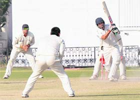 Punjab�s Mayank Sidhana plays a shot during his unbeaten knock of 76 against Uttar Pradesh at the PCA Stadium in Mohali on Sunday