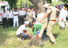 A lineman being kicked in Faridkot on Tuesday.