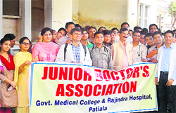 Members of Junior Doctor�s Association holding a protest in support of their demands at Government Rajindra hospital in Patiala on Wednesday. 