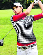 Sharmila Nicollet tees off at the Chandigarh Golf Club