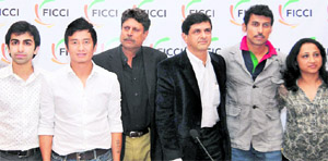 Pankaj Advani, Baichung Bhutia, Kapil Dev, Prakash Padukone, Rajyavardhan Rathore, Ashwini Nachappa at a press conference on National Sports Development Bill 2011 organised by FICCI in New Delhi