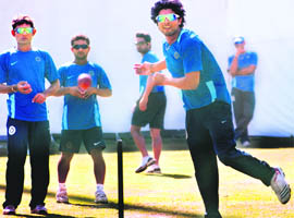 Saurashtra�s Ravindra Jadeja bowls during a practice session at the PCA Stadium, Mohali on Wednesday. Punjab will play their third home game starting Thursday, against Saurashtra. 