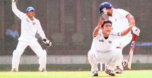 Saurashtra�s Jaydev Unadkat appeals for a leg-before decision against a Punjab batsman in their Ranji Trophy match at the PCA Staduim in Mohali on Saturday. 