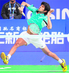 India�s Ajay Jayaram hits a return during the China Open in Shanghai on Wednesday. 