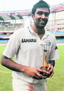R Ashwin poses with the Man-of- the-Series trophy in Mumbai on Saturday. 