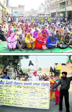 ETT teachers and farmers stage a dharna at the old grain market in Gidderbaha on Sunday and (below) guest faculty lecturers hold a protest march