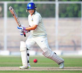 Bengal�s Sourav Ganguly plays a shot against Haryana during their Ranji Trophy match in Rohtak on Thursday
