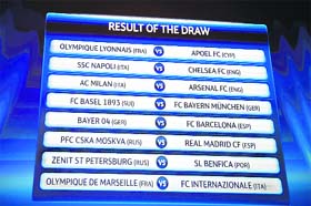 A picture shows the draw for the last 16 of the UEFA Champions League at the UEFA headquarters in Nyon on Friday