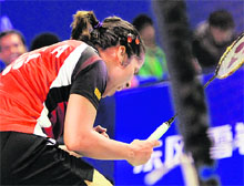 Saina Nehwal celebrates after beating Tine Baun of Denmark in their singles semifinal match of BWF World Superseries Finals in Liuzhou, China on Saturday. Nehwal won the match 21-17, 21-18