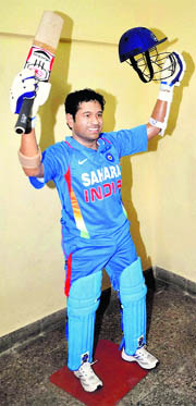 Sachin Tendulkar�s wax statue at the World Cup Cricket Gallery at Andheri Sports Complex in Mumbai. The gallery is being set up by Brihanmumbai Municipal Corporation (BMC) to keep memories of India's World Cup triumph alive. 