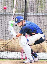 Rahul Dravid ducks under a bouncer during a net session ahead of the first Test at the Melbourne Cricket Ground on Sunday