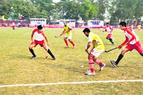 Players in action during a match of the All-India Liberals Hockey tournament in Nabha on Monday