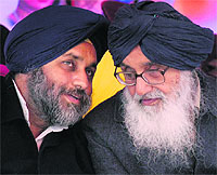 Deputy CM Sukhbir Badal with Chief Minister Parkash Singh Badal at the SAD�s political rally in Fatehgarh Sahib on Tuesday