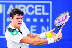 Milos Raonic of Canada in action against Dudi Sela of Israel during their quarterfinal at the ATP Chennai Open on Friday. Raonic won 7-6 (4), 6-3. 