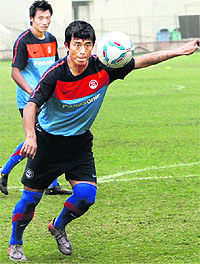 Bhaichung Bhutia during a practice session in New Delhi on Sunday