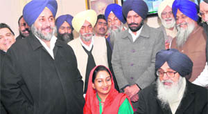 (From right) Parkash Singh Badal with  daughter-in-law Harsimrat Kaur and Deputy CM Sukhbir Badal during filing of papers at Lambi 