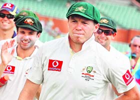 Australian fast bowler Peter Siddle (C) after being named Man of the Match in Adelaide on Saturday