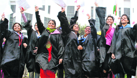 Jubilant girls after getting their degrees during the 35th convocation of Punjabi University in Patiala on Saturday.