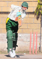 Pakistani disabled cricketer Matloob Qureshi plays a shot during a training session in Karachi on Tuesday. Disabled cricketers from England and Pakistan play their first-ever series this month in the UAE