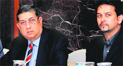 BCCI President N Srinivasan (L) along with Joint Secretary Anurag Thakur addressing a press conference in Chennai on Monday.