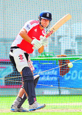 England's ODI captain Alastair Cook plays a shot during a training session at the Dubai International Stadium in Dubai Sports City on Monday. A win in the last match against Pakistan gave England an unassailable 3-0 lead in the series, with the fourth and final match to be played on Tuesday.