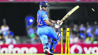 Ravindra Jadeja is bowled during the tri-series ODI against Sri Lanka in Brisbane on Tuesday. India lost the match by 51 runs