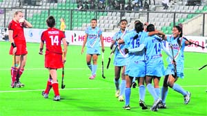 Indian women�s hockey team celebrate after scoring a goal against Poland at the National Stadium in New Delhi on Tuesday.  India beat Poland 3-1. 