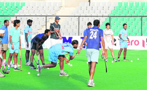 Indian hockey players during a practice session at the Major Dhyan Chand National Stadium in New Delhi on Thursday.