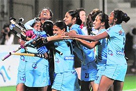 Indian women�s team celebrate after winning their match against Italy during the FIH London 2012 Olympic 
