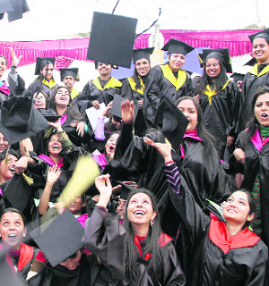Students of Lyallpur Khalsa College in a jubilant mood after the annual convocation in Jalandhar on Saturday. 