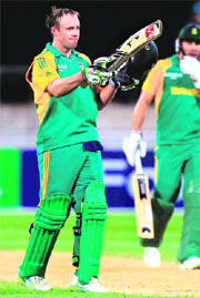 Skipper of South Africa AB de Villiers celebrates after scoring a century against New Zealand in Wellington on Saturday. SA beat NZ by six wickets.