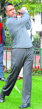 Jeev Milkha Singh plays the ceremonial tee shot at the CGC on Tuesday. 