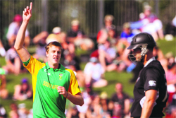 Morne Morkel (L) celebrates the wicket of New Zealand's James Franklin during the second ODI in Napier on Wednesday. South Africa won by six wickets. 