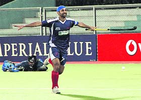 Sher-e-Punjab�s Prabhhjot Singh celebrates after scoring against Chennai Cheetahs in Jalandhar on Thursday