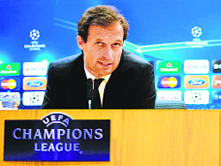 AC Milan's coach Massimiliano Allegri during a press conference on the eve of his team�s Champions League match against Arsenal in London.