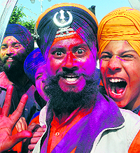 Nihangs at Holla Mohalla celebrations at Anandpur Sahib on Friday