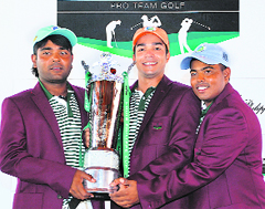 Team Ahmedabad players with the winners trophy after beating Team Bangalore 3-0 