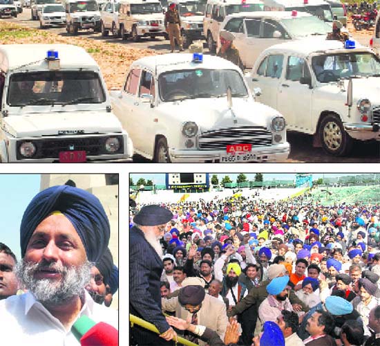 Clockwise from top: Officers� cars parked at the Chappar Chiri site; a file photo of Parkash Singh Badal at the PCA Stadium in Mohali after his government took oath in 2007; and Sukhbir addresses the media after inspecting preparations for the swearing-in ceremony on March 14
