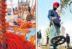 The venue being decorated with flowers and (right) a security personnel at work, at Chhapar Chiri village in Mohali on Tuesday