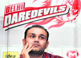 Delhi Daredevils captain Virender Sehwag during a promotional event in New Delhi on Wednesday
