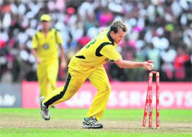 Brett Lee runs out West Indies� Darren Sammy at the Arnos Vale Ground in Kingstown on Tuesday. The match ended in a tie after the last over run-out