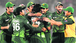 Pakistan players celebrate after beating Bangladesh in the final of the Asia Cup at the Sher-e-Bangla Stadium in Dhaka on Thursday. 