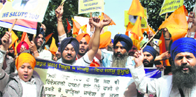 Members of various Sikh bodies during a protest in Patiala on Sunday.