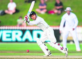 Kruger van Wyk of New Zealand plays a shot on the fifth day of the third Test against South Africa in Wellington on Tuesday